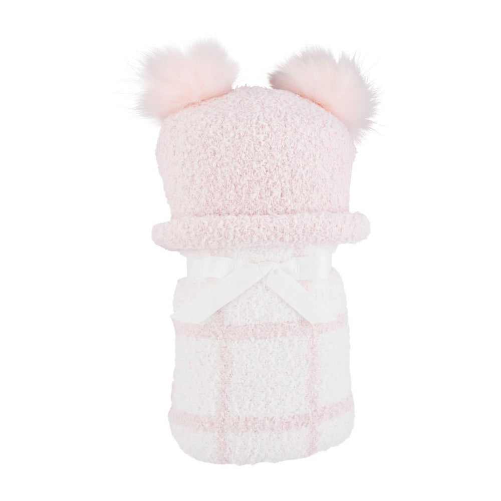 Mud Pie Chenille Windowpane Blanket & Hat Set - Pink
