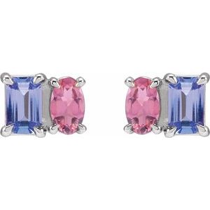 Sterling Silver Natural Tanzanite & Natural Pink Tourmaline Two-Stone Stud Earrings 88696:120:P