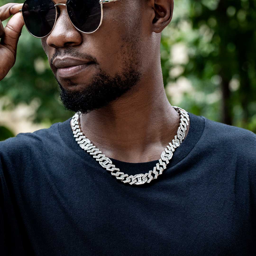 Helloice 14mm Baguette G-link Cuban Chain in White Gold