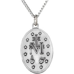 Sterling Silver 28.5x17.75 mm Oval Miraculous Medal 24" Necklace R5020:304586:P