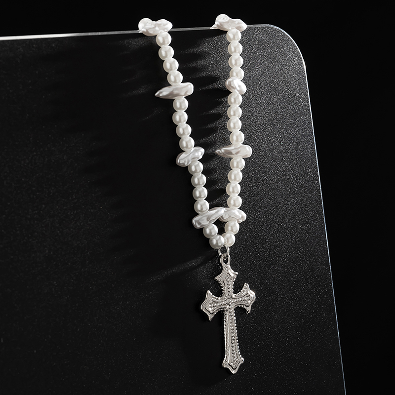 Helloice Steel Beads & Cross Pearl Necklace