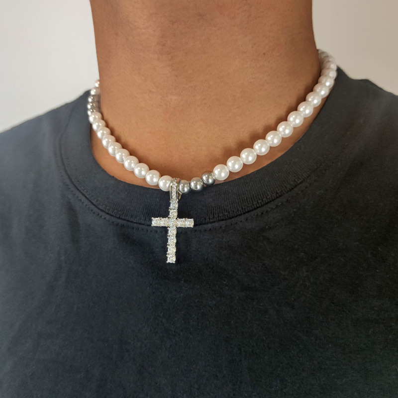 Helloice 8mm Pearls Cross Pendant Necklace