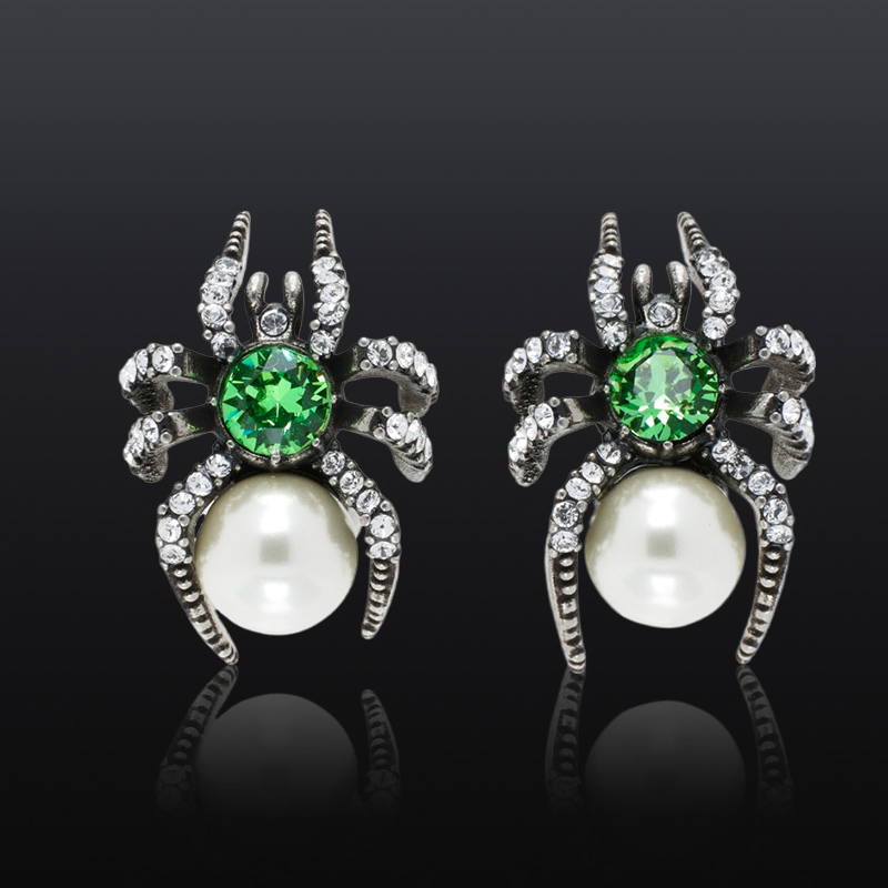 Helloice Spider Pearl & Emerald Green Diamond  Stud Earrings