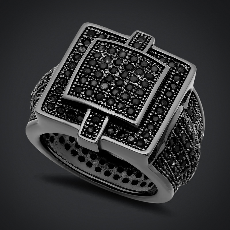 Helloice Square Iced Out Ring with Black Stones