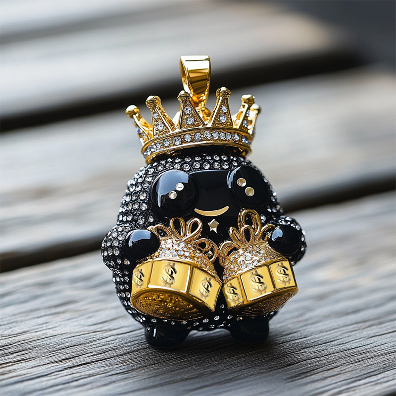 Helloice 3D Lovely Black Holding Money Bag Doll with Gold Crown Pendant