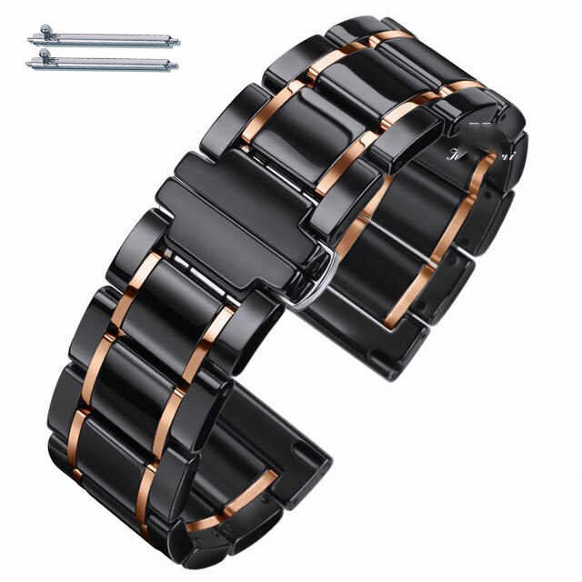 22mm Black & Rose Gold Ceramic Watch Band Butterfly Clasp Quick Release #8003