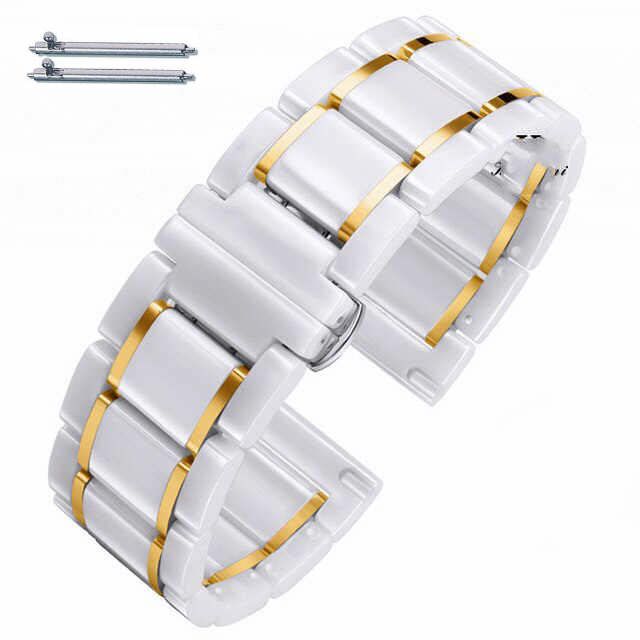 22mm Ceramic Replacement Watch Band With Gold Stripes Quick Release Strap #8005