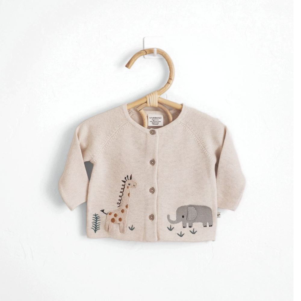 Viverano Organics Animal Safari Embroidered Baby Cardigan Sweater(Organic)-Natural