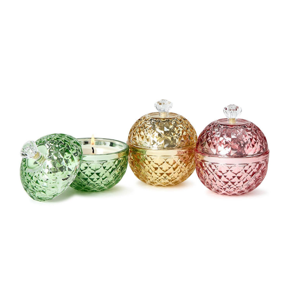 Two's Company Holiday Glow Covered Metallic Glass Filled Candle in Gift Box