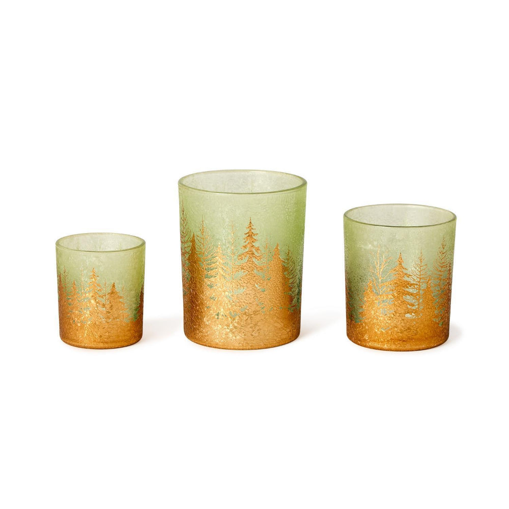 Two's Company Golden Forest Tealight Candleholders with Gold Leaf Accent-Green