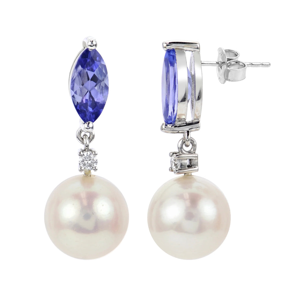 14k Gold Freshwater Pearl and Tanzanite Earrings
