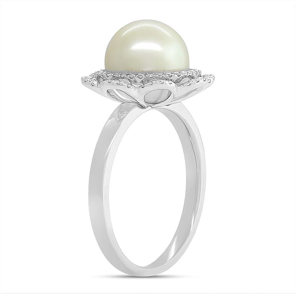 Shy Creation 0.19Ct Diamond & Cultured Pearl Flower Ring SC55006248