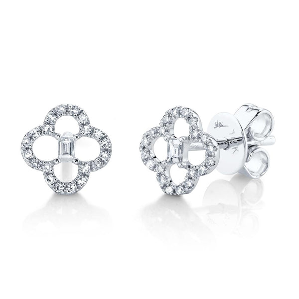 Shy Creation 0.19Ct Diamond Baguette Clover Stud Earring SC55009250