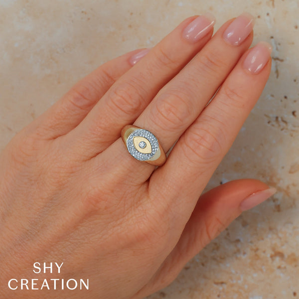 Shy Creation 0.19Ct Diamond Bezel Pave Eye Circle Matte Signet Ring SC22009957RD