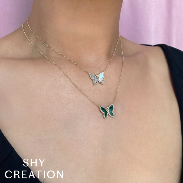Shy Creation 0.15Ct Diamond & 0.82Ct Mother Of Pearl Butterfly Necklace SC55025340
