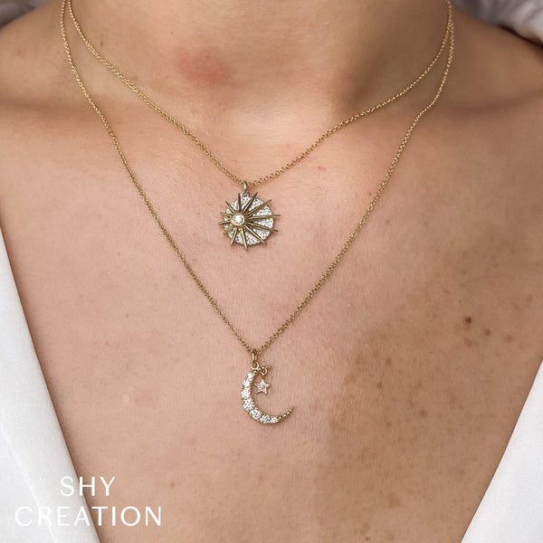 Shy Creation 0.24Ct Diamond Crescent Moon & Star Necklace SC55025846