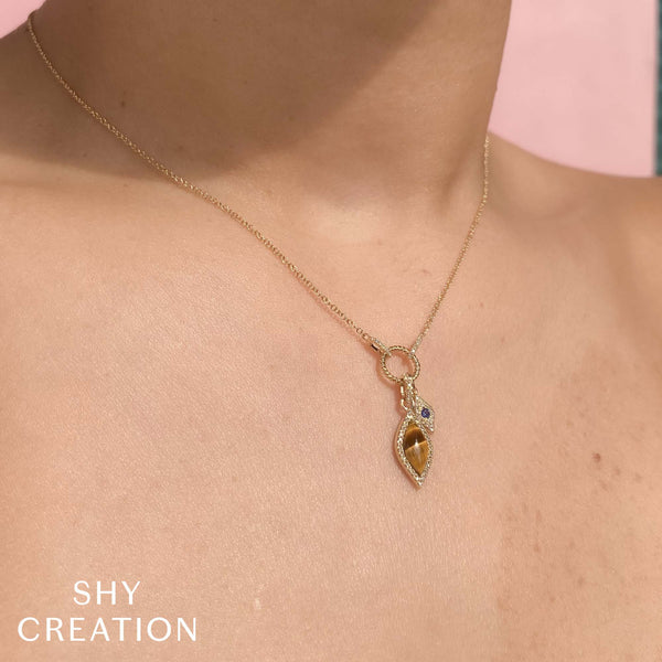 Shy Creation 0.15Ct Diamond & 0.87Ct Blue Sapphire & Tiger'S Eye Necklace SC55026084