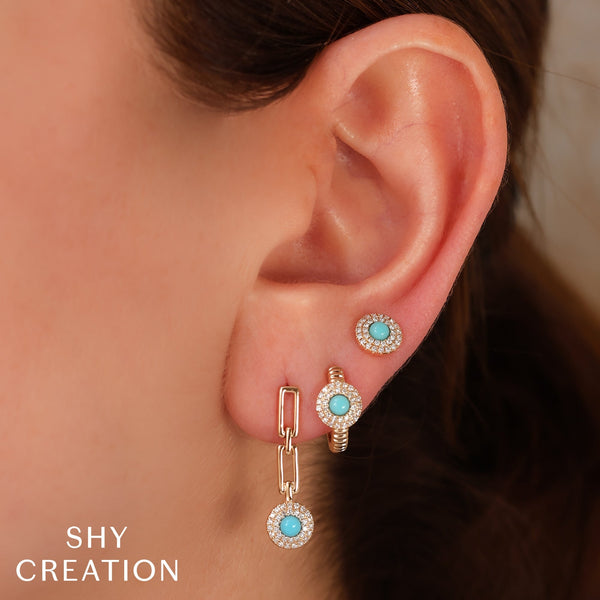 Shy Creation 0.15Ct Diamond & 0.26Ct Composite Turquoise Circle Link Earring SC55026992