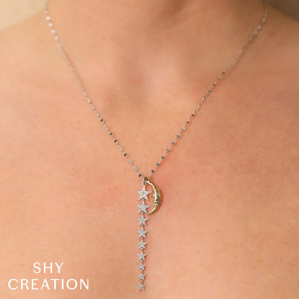 Shy Creation 0.24Ct Diamond Crescent Moon & Star Lariat Sparkle Chain Necklace SC55027765