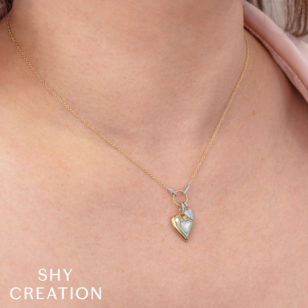 Shy Creation 0.15Ct Diamond & 0.61Ct Mother Of Pearl Pave Heart Necklace SC55028260