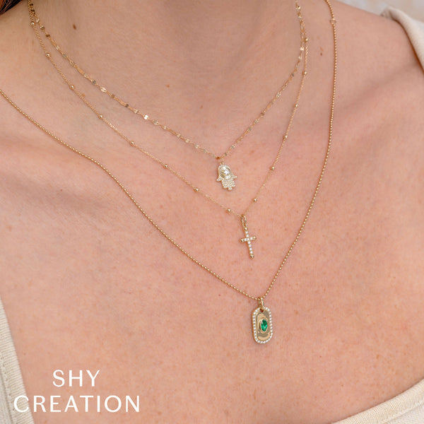 Shy Creation 0.19Ct Diamond & 0.21Ct Emerald Oval Ball Chain Necklace SC41002341