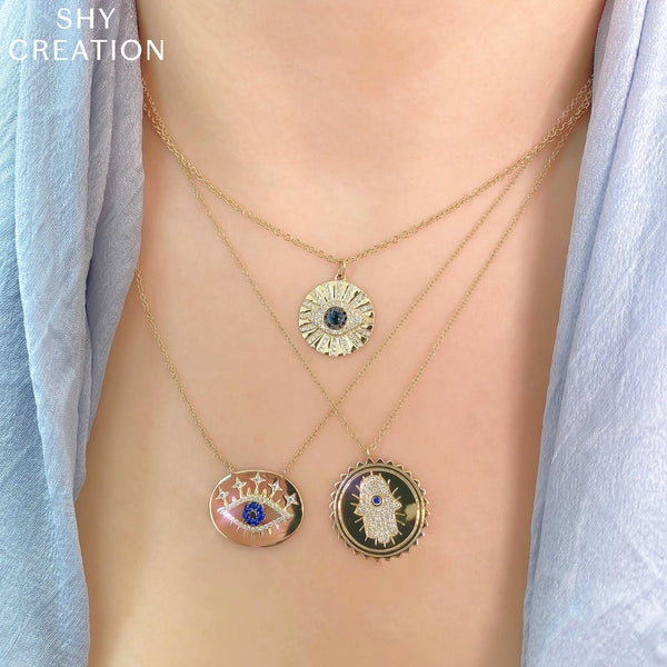 Shy Creation 0.15Ct Black & White Diamond & 0.10Ct Blue Sapphire Eye Necklace SC55022242