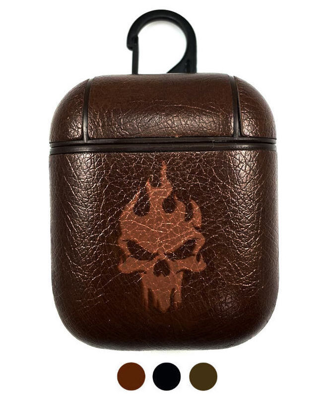Apple AirPods 1 2 Pro Charging Case Leather Cover Flaming Skull on Fire #0001