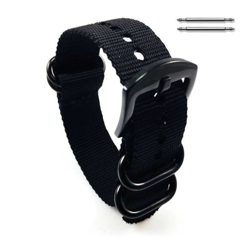 Armitron Compatible Black One Piece Slip Through Nylon Watch Band Army Military Black Buckle #6022