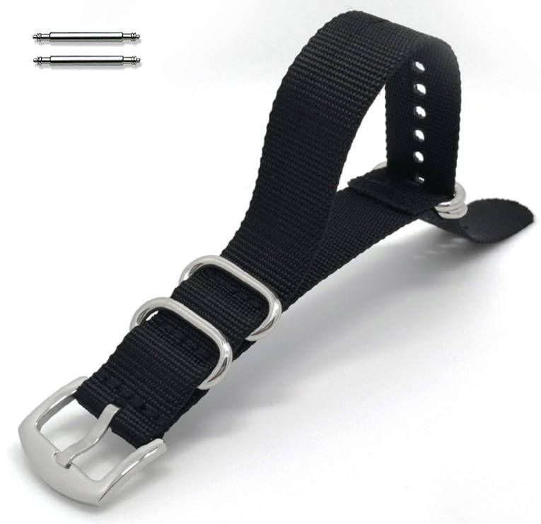 Armitron Compatible Black One Piece Slip Through Nylon Watch Band Army Military Silver Buckle #6021