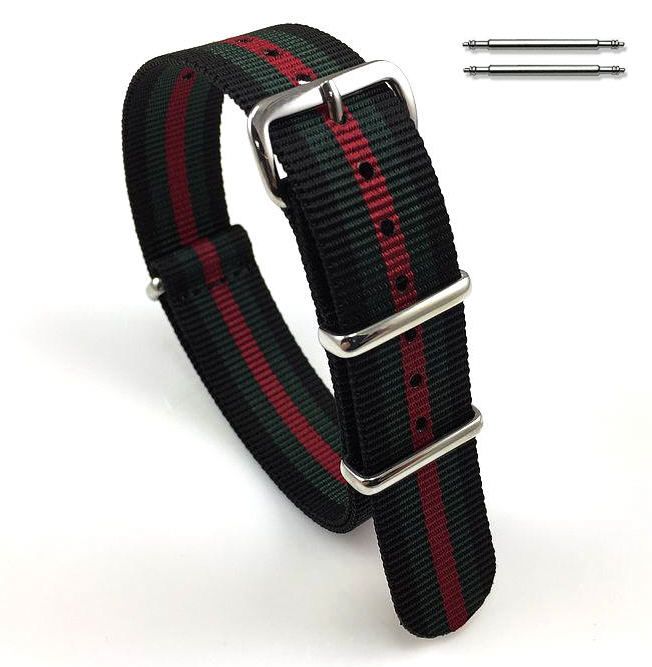 Armitron Compatible Black Red Green Stripes One Piece Slip Through Nylon Watch Band Strap Buckle #6F20