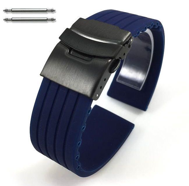 Baume & Mercier Compatible Blue Rubber Silicone Watch Band Strap Double Locking Black PVD Steel Buckle #4016
