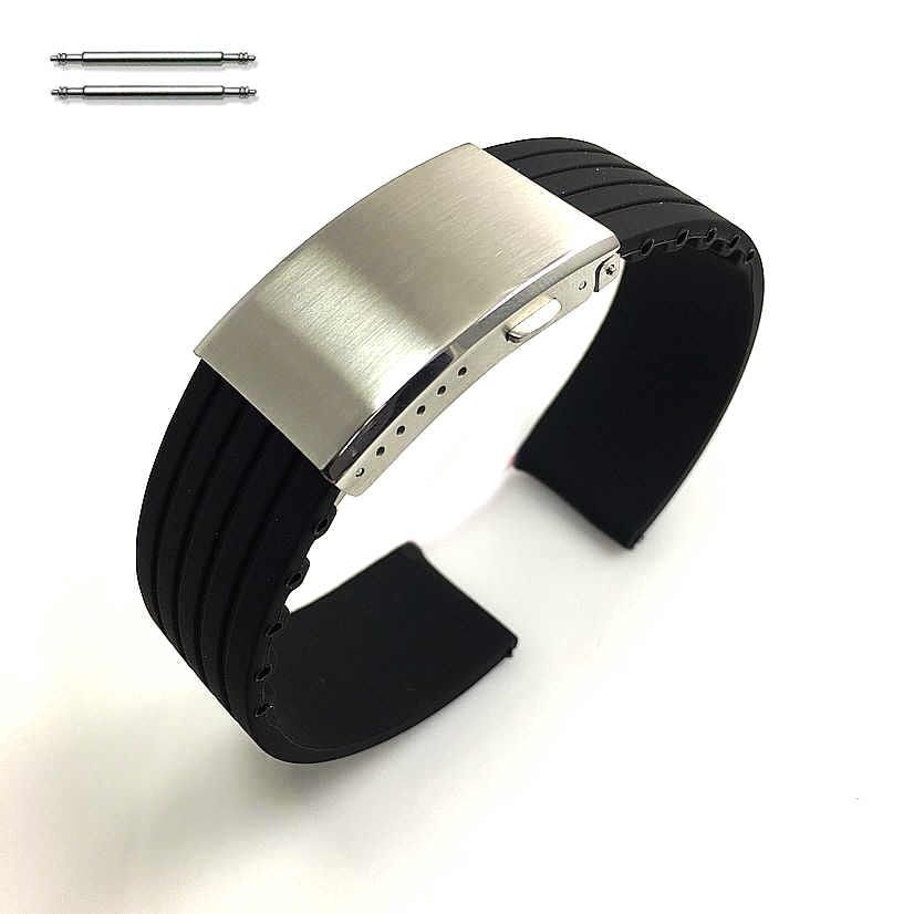 Black 20mm Silicone Rubber Strap Watch Band High Quality Steel Clasp #4451