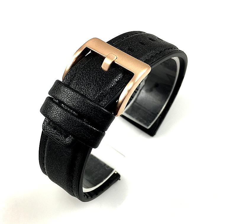 Black 22mm Leather Watch Strap Quick Release Band Rose Gold Steel Buckle #1526