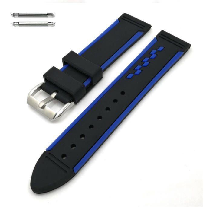Black & Blue Racing Style Silicone 24mm Replacement Watch Band Strap #4402