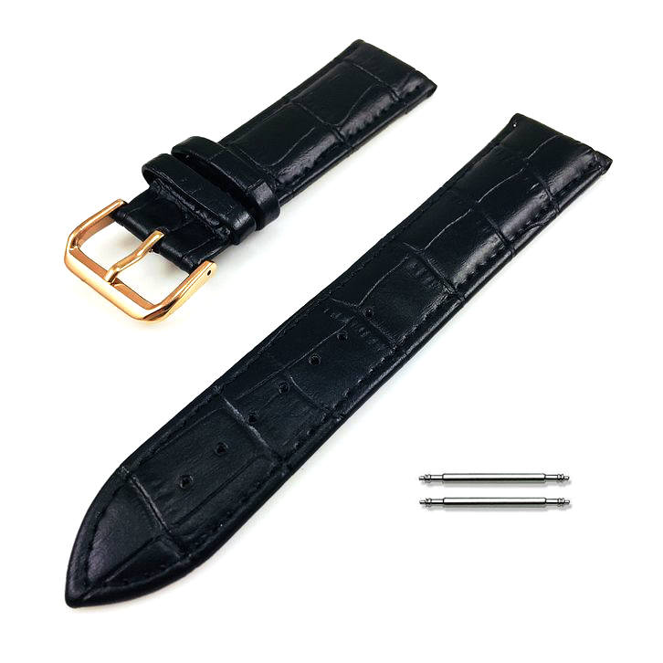 Black Croco Leather Replacement 20mm Watch Band Strap Rose Gold Buckle #1071