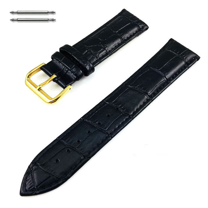 Black Croco Leather Replacement 26mm Watch Band Strap Gold Steel Buckle #1081