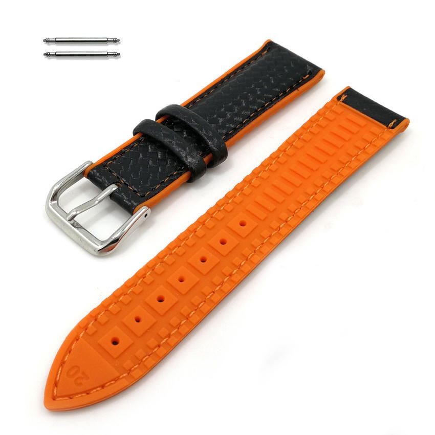 Black & Orange Carbon Fiber Leather 18mm Replacement Watch Band Strap #1502