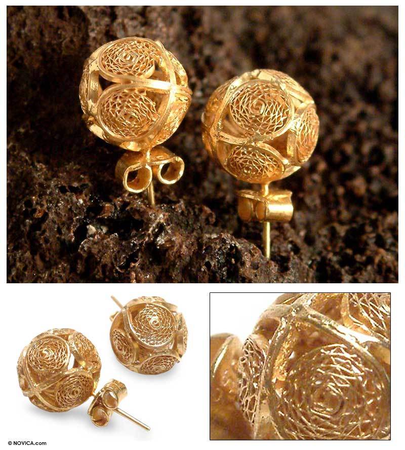 Gold Plated Filigree Earrings from Peru, "Peruvian Sun"