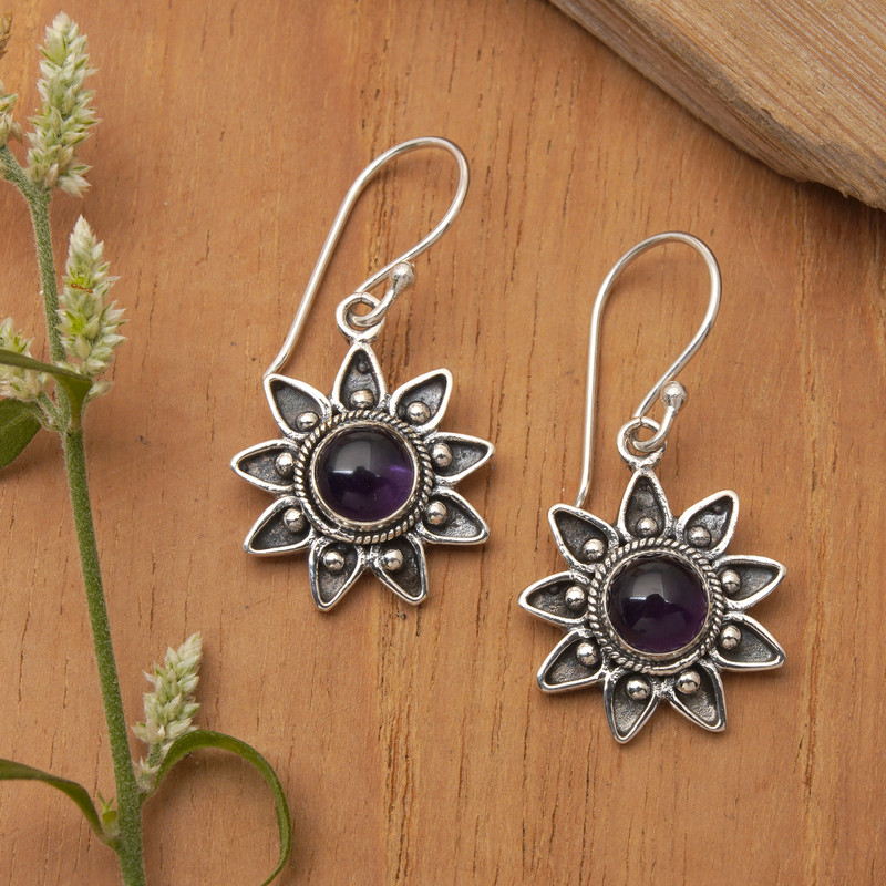Floral Sterling Silver Amethyst Earrings , "Sunflowers"