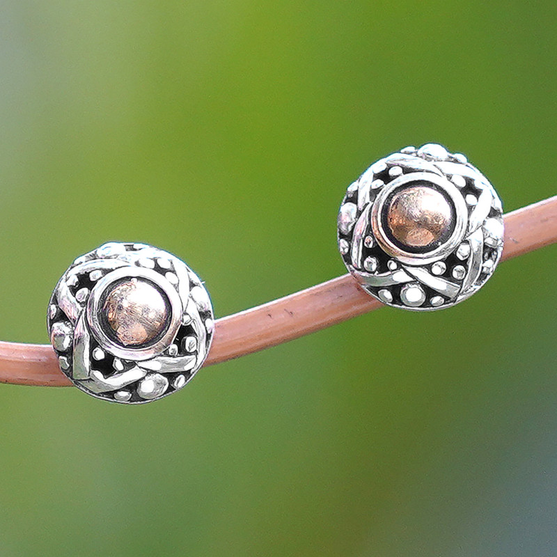 Hand Crafted Gold Accent Button Earrings, "Majapahit Shield"