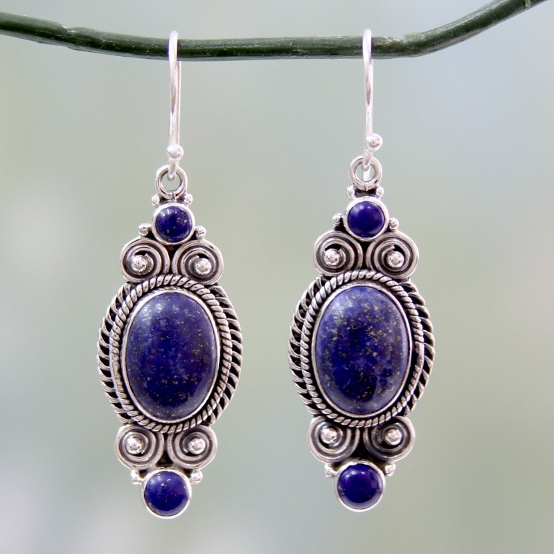 Ornate Sterling Silver Dangle Earrings with Lapis Lazuli, "Johari Treasure"