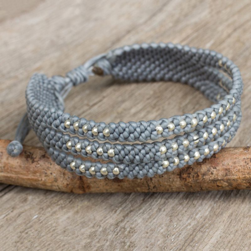 Thai Wristband Bracelet in Pale Grey with Silver 950 Beads, "Starlight and Mist"