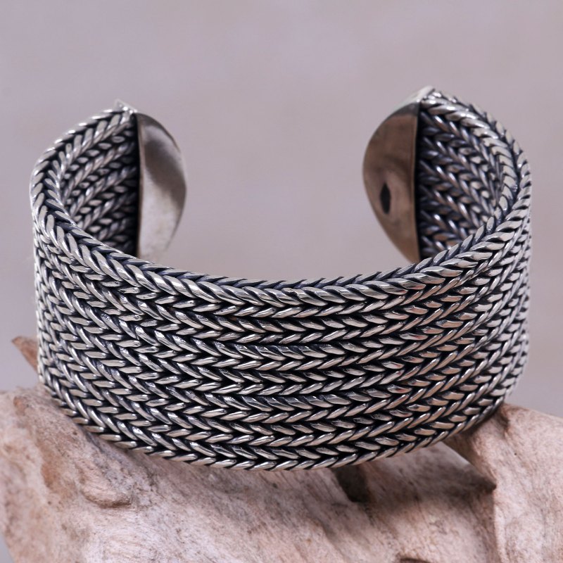Wide Textured Sterling Silver Cuff Bracelet from Bali, "Horseshoe Braids"