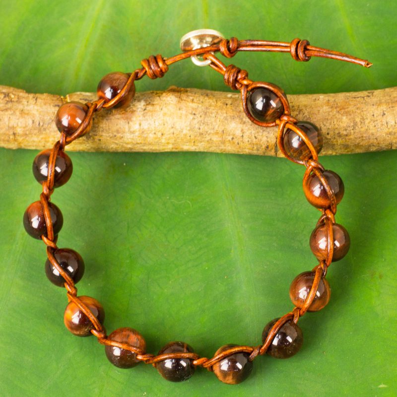 Tiger's Eye and Leather Handcrafted Bracelet with Silver 950, "Warm Rhythm"