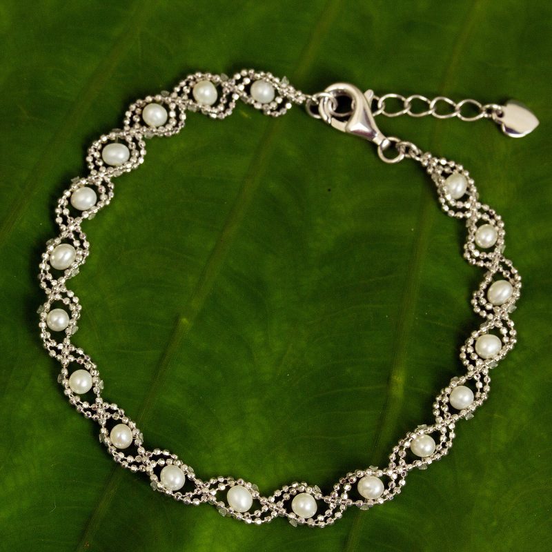 Thai Handcrafted Cultured Pearl and Sterling Silver Bracelet, "White Lotus Breeze"