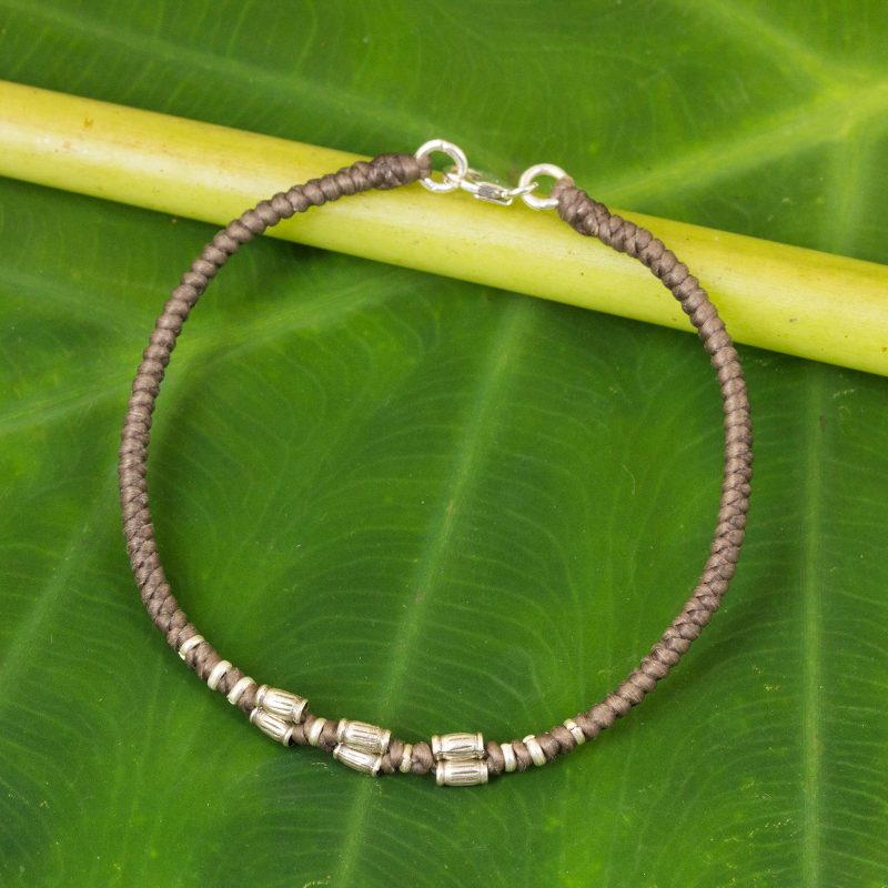 950 Silver Accent Wristband Bracelet from Thailand, "Bamboo Bracelet in Taupe"