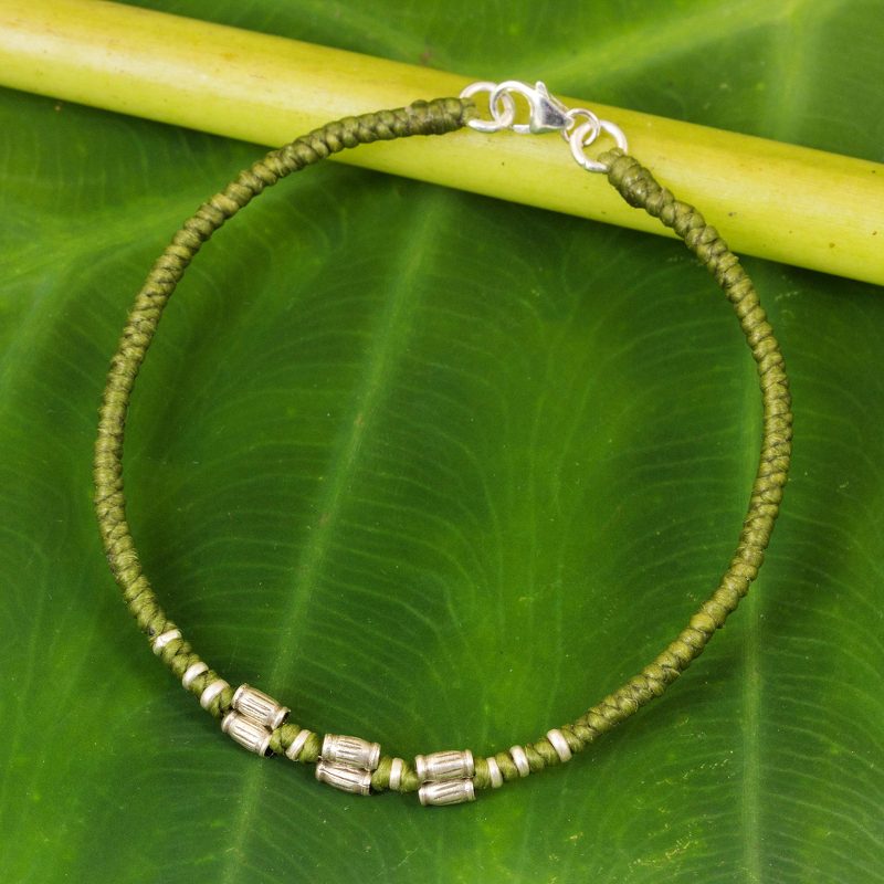 950 Silver Accent Wristband Bracelet from Thailand, "Bamboo Bracelet in Olive"