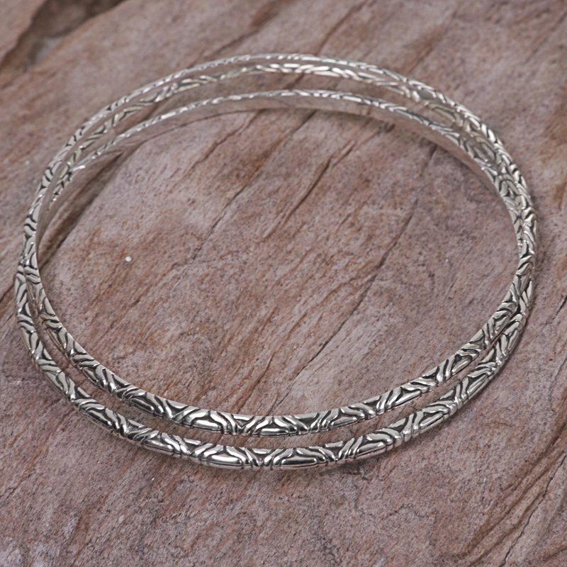 Two 925 Sterling Silver Handmade Engraved Bangles from Bali, "Indonesian Moon"