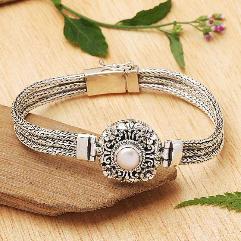 925 Silver and Cultured Pearl Balinese Floral Bracelet, "Floral Nobility"