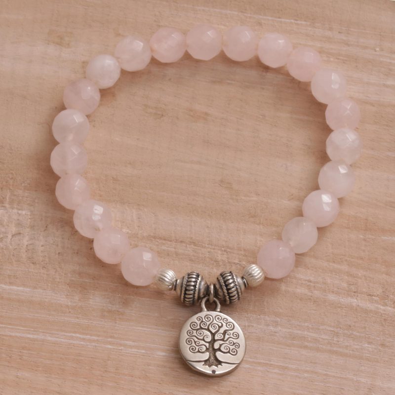 Tree-Themed Rose Quartz Beaded Stretch Bracelet from Bali, "Sunrise Tree"
